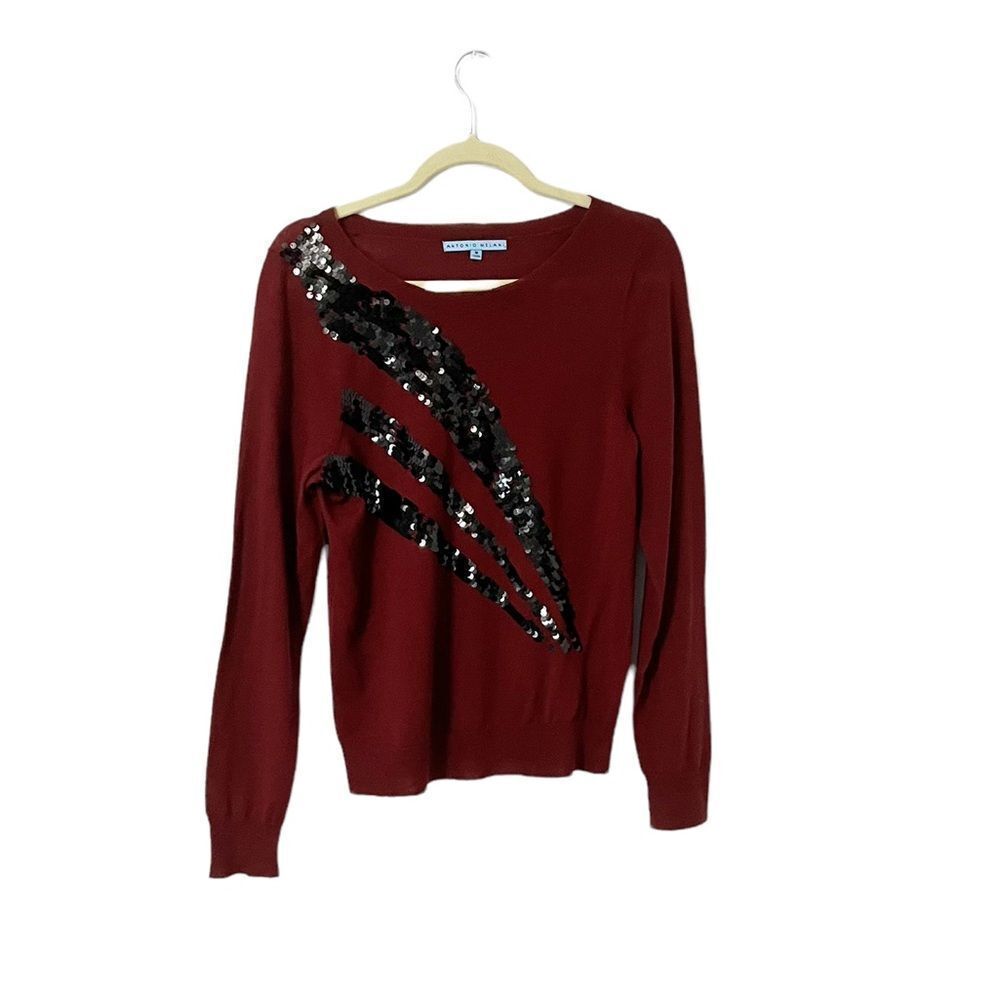 Antonio Melani Maroon Red with black sequin wool blend sweater Size M
